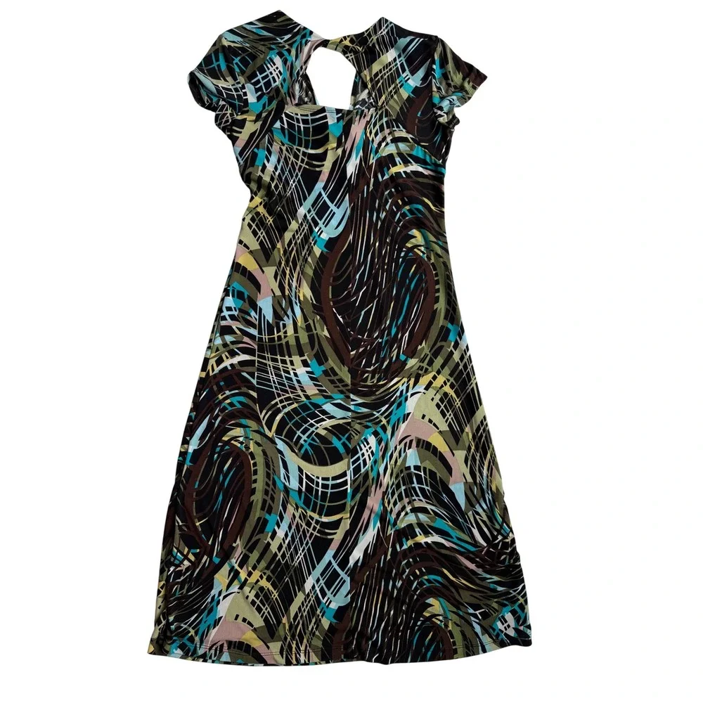 Serenade New York Abstract Print Midi Dress Cap Sleeve Keyhole Neck Green Small